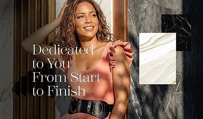 Woman smiling with design materials background.