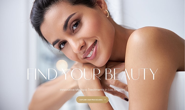 Smiling woman promoting beauty treatments in Los Angeles.